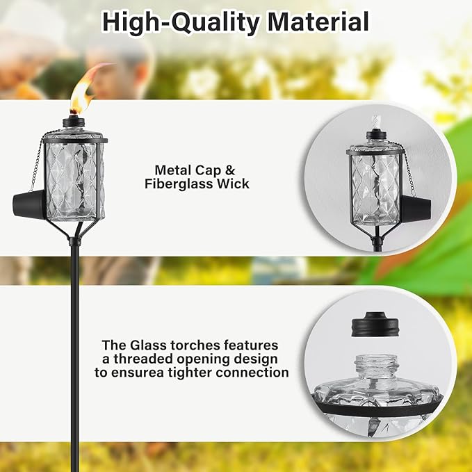 4 Pack Glass Torches, 13.5 oz Citronella Torches for Outside, Citronella Torches with 3-Prong Grounded Stake, Landscape Lanterns Torches for Garden, Patio, Party Decor (Gray)