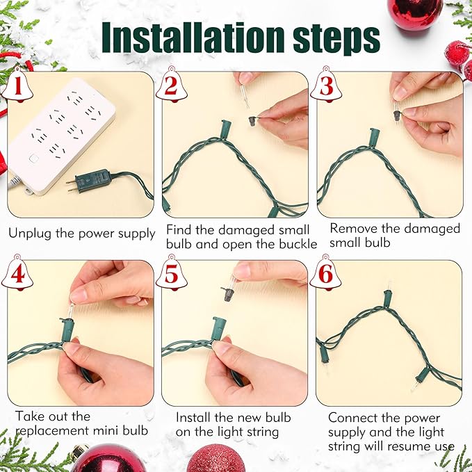 Mudder 60 Count Christmas Replacement Mini Light Bulbs with Base Christmas Tree Incandescent Wire String Lights Replacement Bulbs for Xmas Indoor Outdoor Decoration(Brown Base Warm White,6vx0.08a)