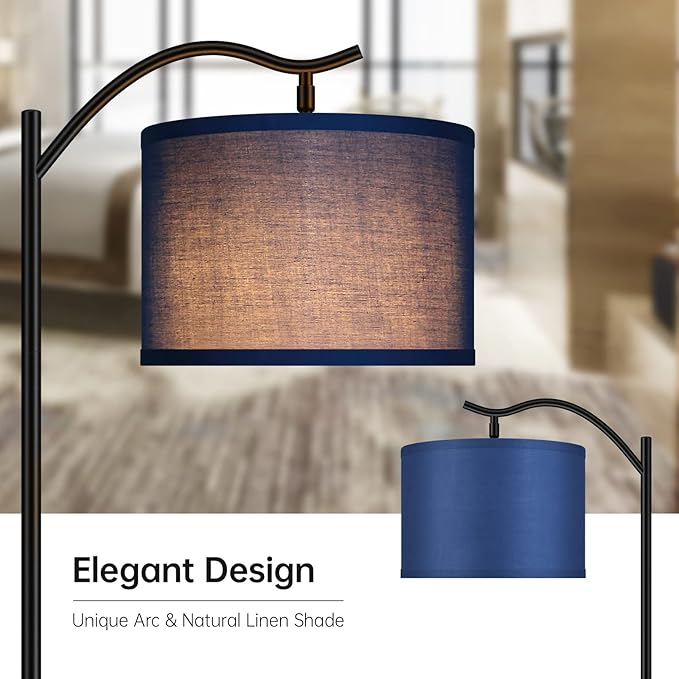 Montage Mid Century Arched Floor Lamp - Tall Modern Standing Lamp with Blue Linen Shade, E26 Socket, Footswitch for Living Room, Bedrooms, Office, Corner