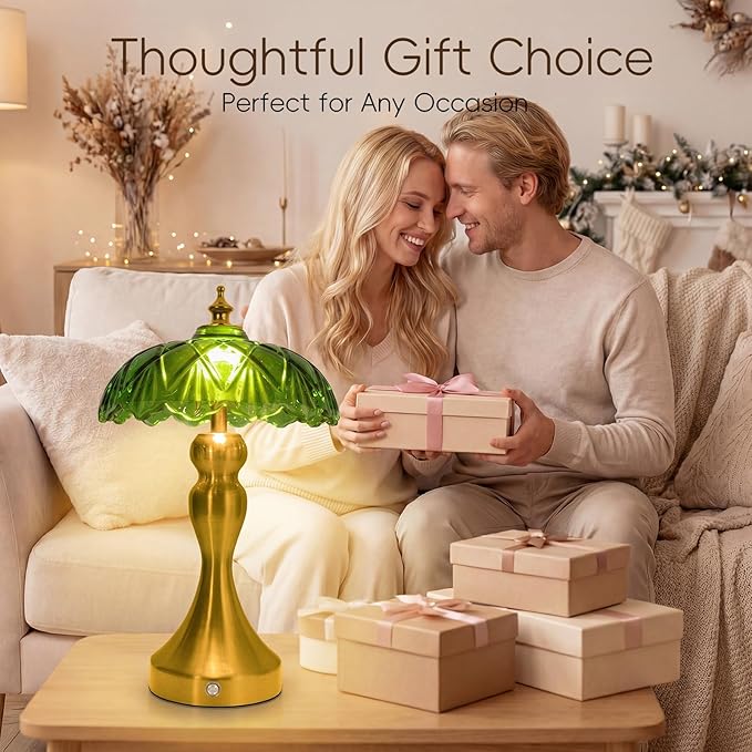 Cordless LED Table Lamp with Glass Shade, 3-Level Brightness & 3 Color Temperatures Touch Control, Rechargeable Portable Bedside Lamp for Nightstand Bedroom Living Room (Green)