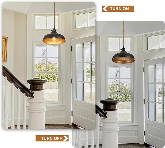 Plug in Pendant Lights Dome Hanging Lamp with Dimmable Switch 15 Ft Long Hemp Rope Farmhouse Pndant Light Cord Lighting Fixture DIY Hanging Light