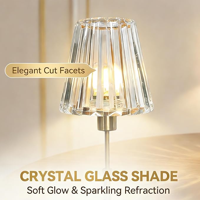 Crystal Glass Table Lamp - Cordless & Rechargeable with 5200mAh, Warm White Stepless Dimming, Portable Reading Light for Bedroom Nightstand, Living Room Home Decor