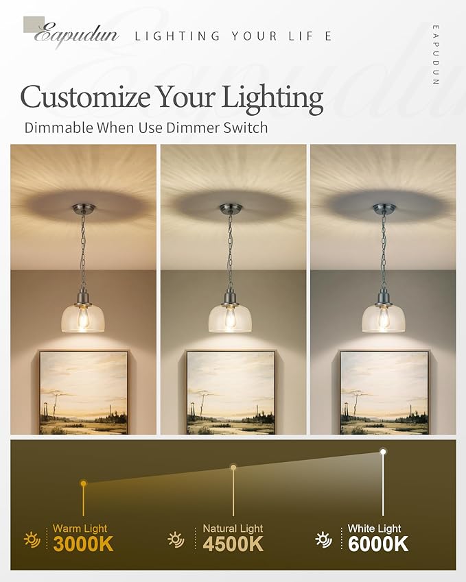 EAPUDUN Modern Farmhouse Pendant Light, 1-Light Industrial Hanging Light Fixture 9.3-inch, Brushed Nickel Finish with Clear Glass Shade, PDA1127-BNK