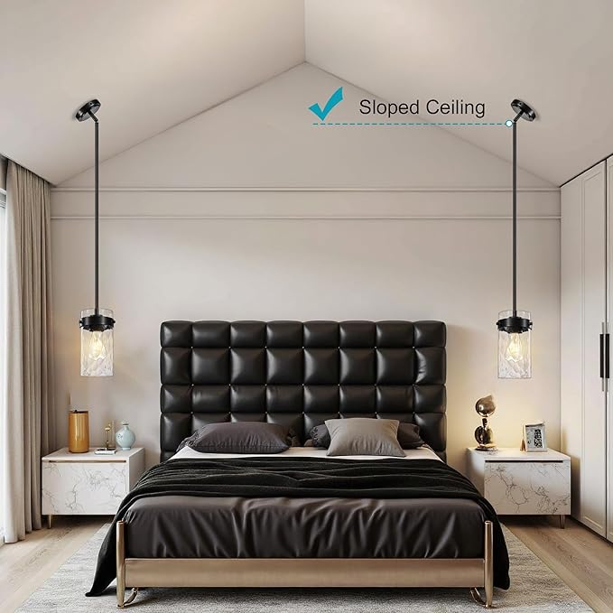4.72" Hammered Glass Pendant Lighting for Kitchen Island 2 Pack, Modern Black Pendant Light Fixtures, Adjustable Ceiling Pendant Light for Kitchen Island Dining Room Bedroom Hallway