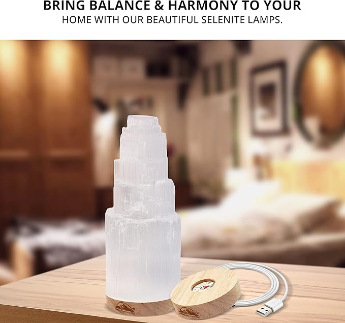 Himalayan Glow Selenite Crystal Lamp 20cm Large, Hand Curved Crystal Lamp with (ETL Certified) Wooden Base & USB Charging Cable for Home Décor - White