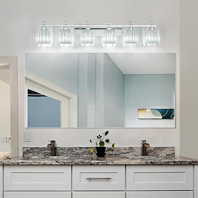 Vanity Lights 6-Light Modern Crystal Vanity Light Chrome Bathroom Light Fixtures Over Mirror Crystal Bathroom Vanity Lighting Fixtures