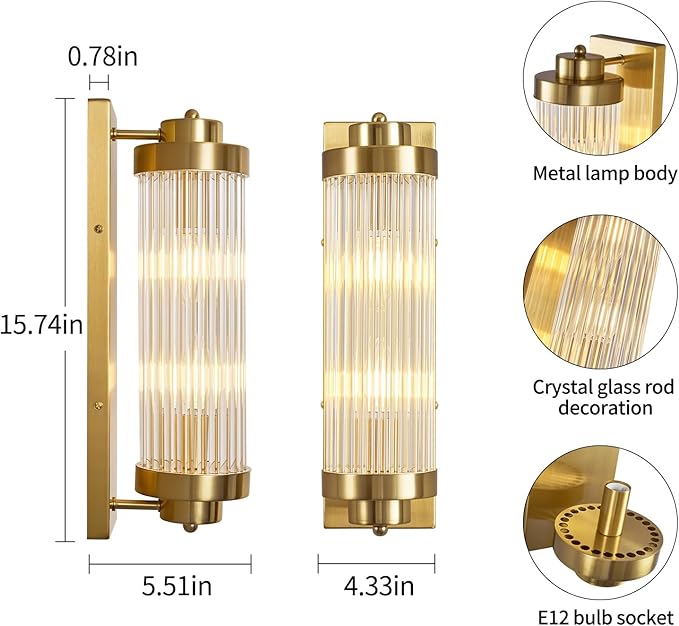 Gold Wall Sconces Set of Two with Crystal Glass Strip Bathroom Sconces Modern Wall Lights for Bedroom Living Room Hallway Wall Light Fixtures, 2 Light E12 Base