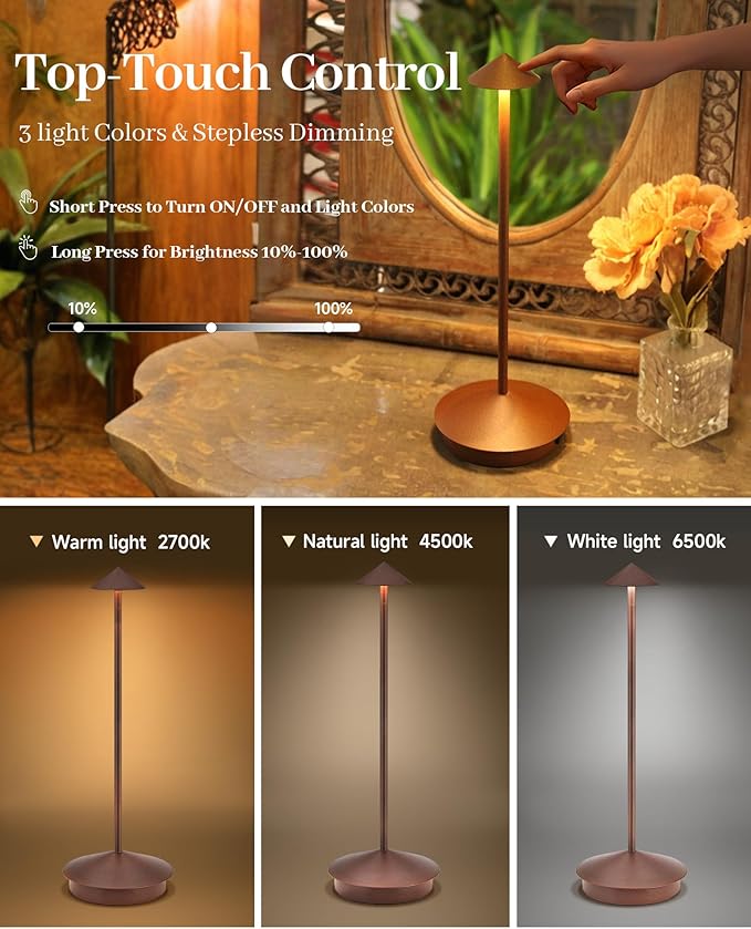 Portable Led Cordless Lamp Table Light 2 Pack, Rechargeable 6000mAh Battery Outdoor Table Lamp for Dinning Restaurant Patio Bedroom Camping, IP54 Waterproof, Dimmable