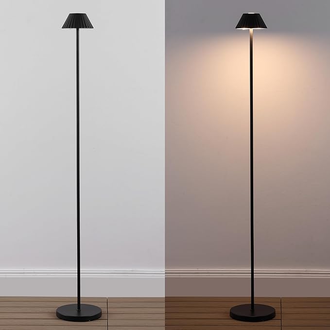JONATHAN Y 44" Black Modern Rechargeable Cordless LED Floor Lamp for Patio, Dimmable Minimalist Indoor Outdoor Standing Light, Pleated Iron Shade, Touch Sensor (JYL7168D)
