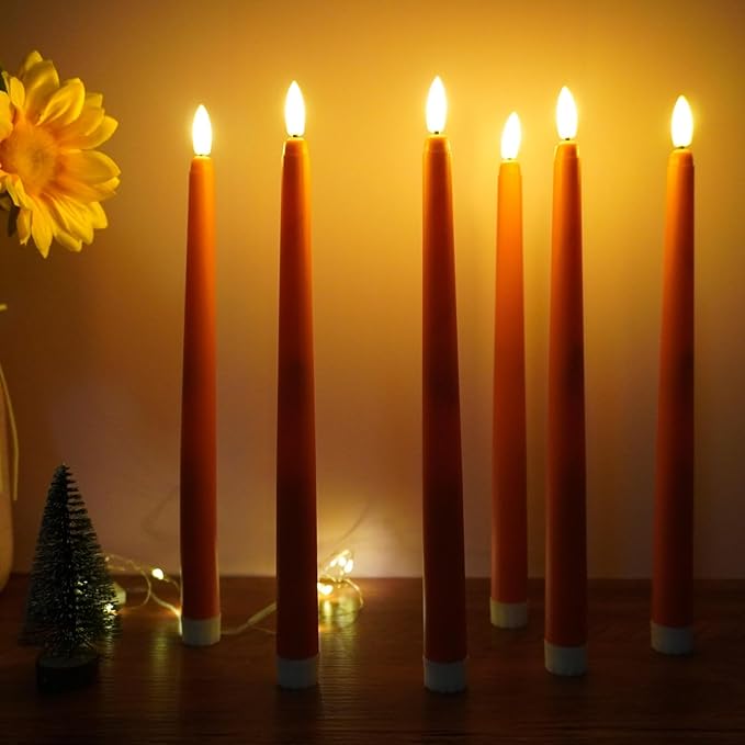 Orange Flameless Taper Candles with Remote, Fall LED Candlesticks Battery Operated Flickering Set of 12