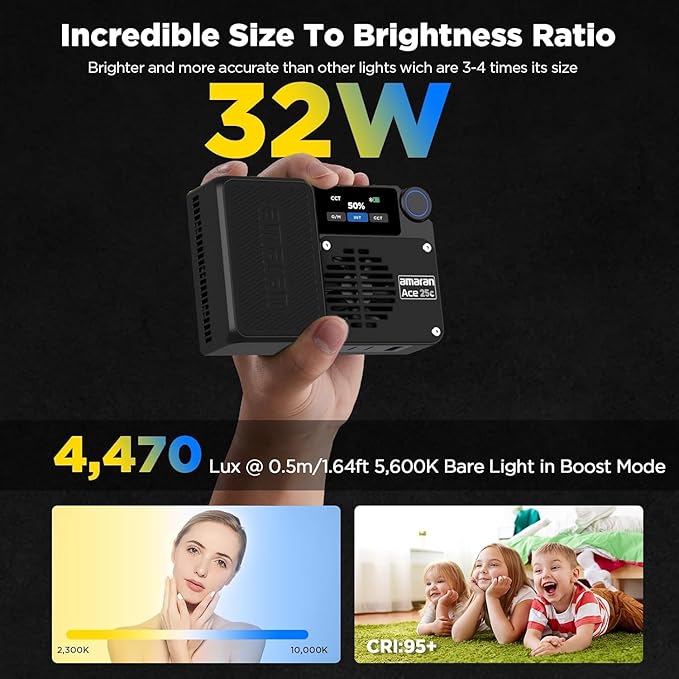 Amaran Ace 25c Kit RGB Video Light,25W On Camera Pocket Video Light CCT 2300k-10000k, 5,908 lux @ 0.5m Illumination,with Rechargeable Battery and PD Charging (Charcoal)