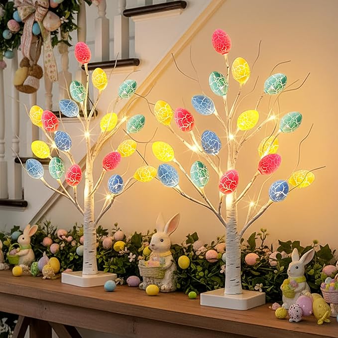 PEIDUO Easter Decorations, 2 Pcs Lighted Easter Tree with 36 Eggs, Battery Powered Birch Tree with Timer for Spring Decoration Indoor Decor (22inch /24 LEDs