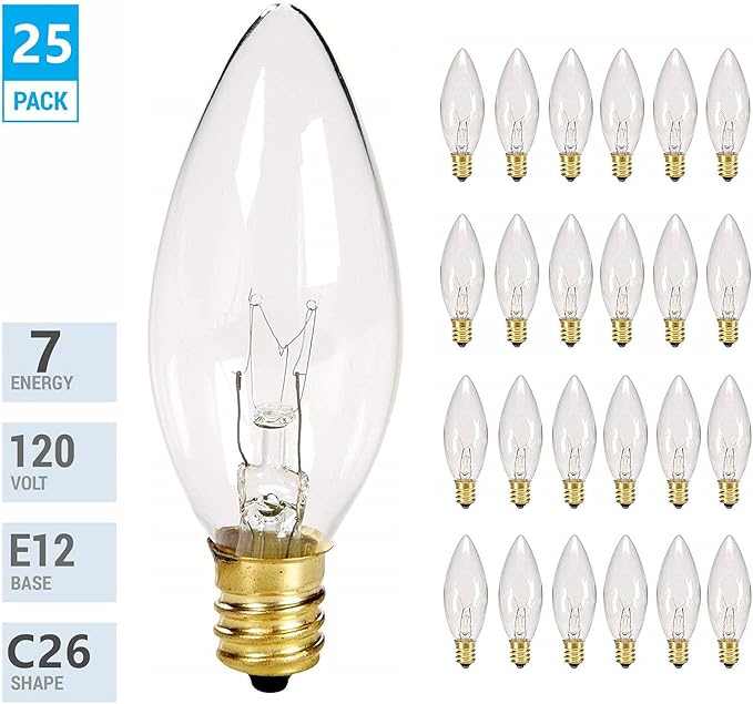 25 Pack Clear Torpedo Tip Replacement Bulbs, Replacement Light Bulbs for Electric Candle Lamps, Window Candles, Chandeliers- Clear Incandescent E12 Candelabra Base Light Bulbs- 120V 7 Watts Bulbs