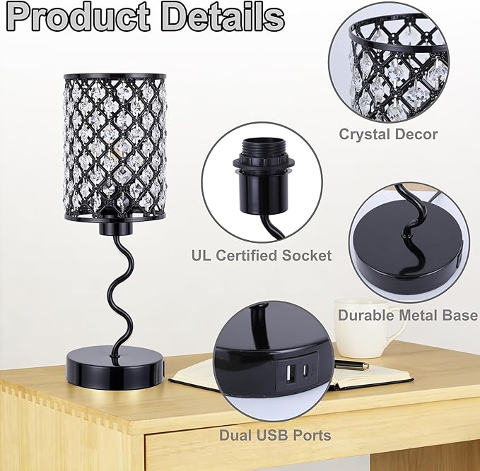 Crystal Table Lamp with 3 Way Dimmable Touch Control, Nightstand with USB A+C Ports, Modern Bedside Touch Lamp for Bedroom, Living Room, Office Reading, Black