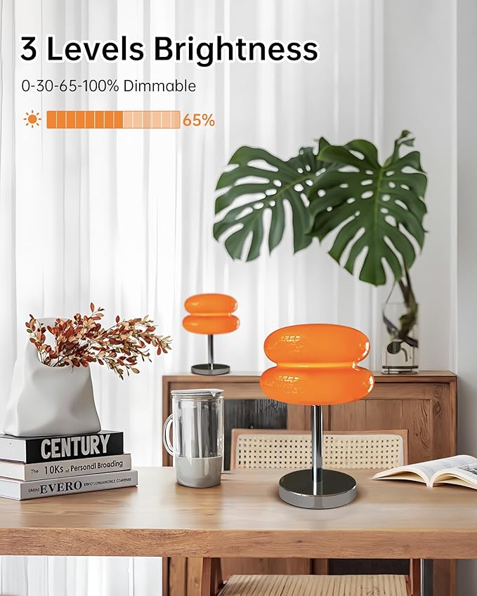 Mushroom Table Lamp for Bedroom, Cordless Mid Century Modern Lamp, Cute Egg Tart Small Night Light, 6000mAh Rechargeable Table Light for Living Room Nightstand Home Mushroom Decor Aesthetic (Orange)
