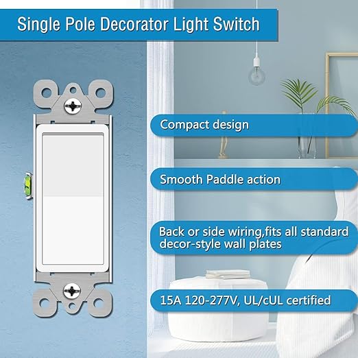 GreenCycle Single Pole Switch White,24 Pack SP Rocker Light Switch 15A 120/277V, On/Off Rocker Paddle Interrupter, Residential/Commercial Grade,Home & Office,UL/CUL, White