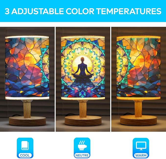 Yoga Table Lamp LED 3-Color Pressed Bedside, Yoga Shade Lamp with Wood Base for Bedroom Living Room Desk Office TL01