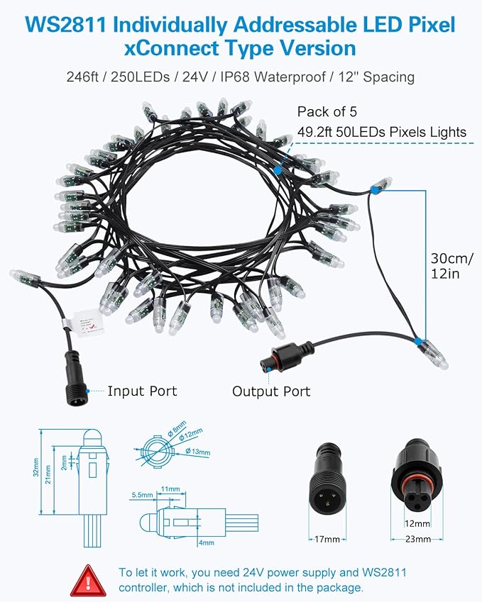 ALITOVE 24V WS2811 LED Pixel String Lights 250pcs Individually Addressable RGB Module 12mm Diffused Bullet Pixel Lights IP68 for Billboard House Halloween Christmas Outdoor Decor, 12inch Spacing