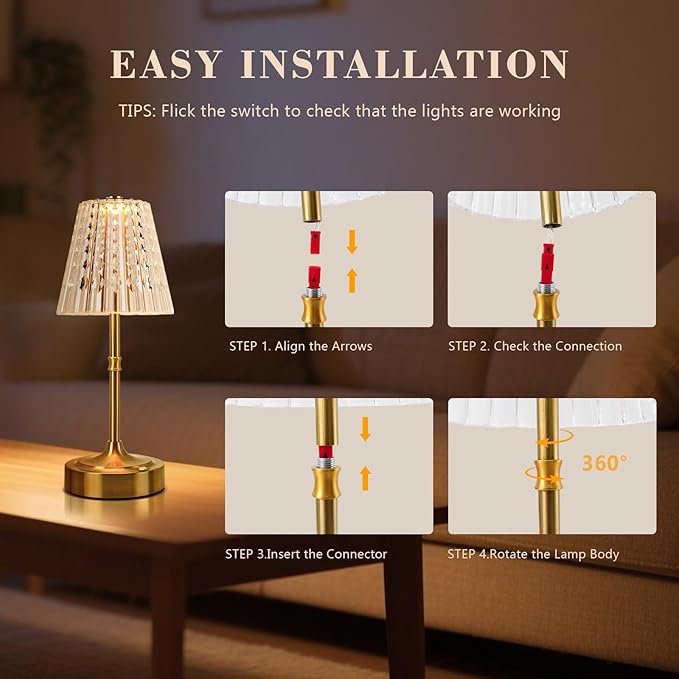 Touch Cordless Table Lamp Rechargeable, 3600mAh Battery Operated Small Crystal Lamp, 3 Color Dimmable Vintage Gold Table Light for Bedroom/Kitchen/Gift for Home Décor ((Luxury Style)