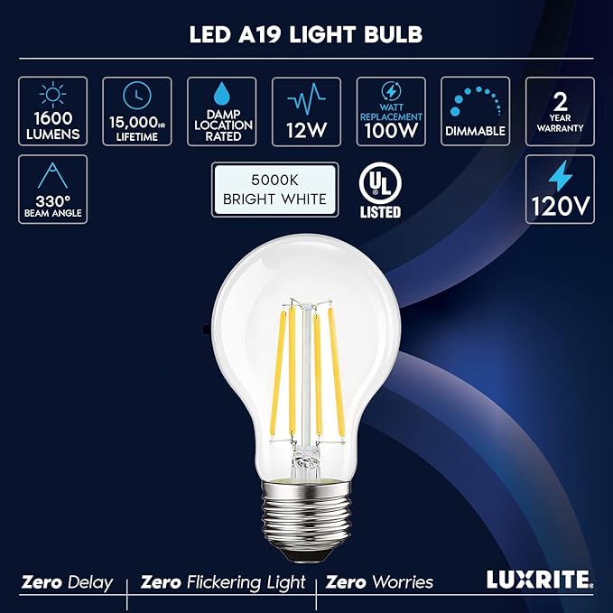 LUXRITE Vintage A19 LED Light Bulbs 100 Watt Equivalent, 1600 Lumens, 5000K Bright White, Dimmable Edison Light Bulbs, 12W, Damp Rated, UL Listed, Clear Glass Filament Bulb, E26 Medium Base (2 Pack)