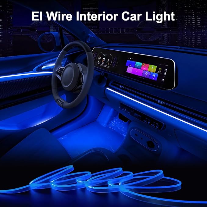 EL Wire Interior Car LED Strip Lights, 16.5FT USB Neon Glowing Strobing El Wire Strip with 6mm Sewing Edge, Ambient Lighting Kits for Car Inside Decorations (Blue)