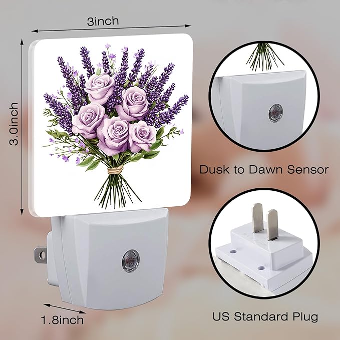 Purple Lavender and Rose Flowers Night Light for Kids, Dusk-to-Dawn Auto Sensor Plug in Night Light, 0.5W Energy Saving Non-Toxic Design for Bedroom/Bathroom, Ideal Gifts for Women, Men & Kids