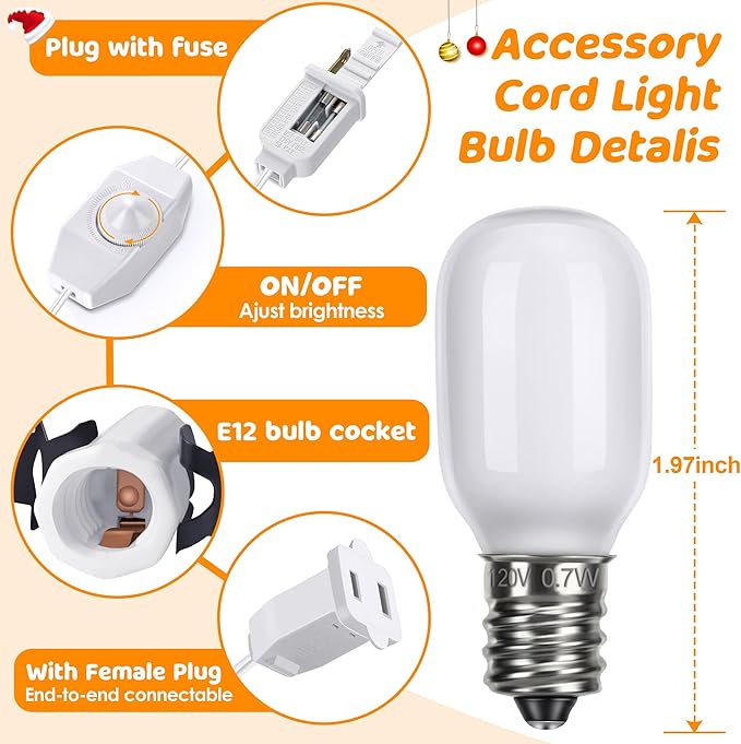 Meonum 2 Pack Accessory Cord with 6 LED Light Bulbs, 13.9ft End to End Connected Cool White Lights, Blow Mold Light Cord with Adjustable Brightness for Holiday Decoration, Christmas Village House
