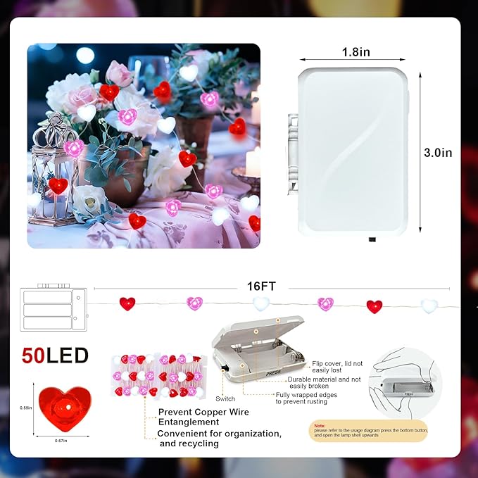 ZGWJ Valentines LED Fairy Lights, 2 Pack 50LED 16FT Red-White-Pink Heart String Lights Battery Operated,Waterproof Valentines Lights for Wedding Party,Mother's Day Indoor Outdoor Decoration