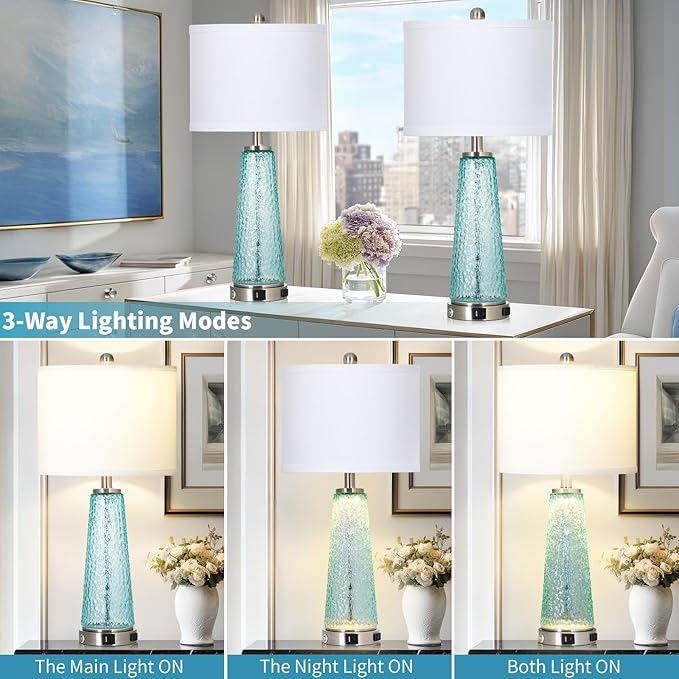 26" Coastal Table Lamps for Living Room, Glass Bedside Lamps with USB A+C Ports & Outlet, Nautical Cracked Glass Nightstand Lamp with Night Light for Bedroom End Table Blue Teal Turquoise Beach Ocean