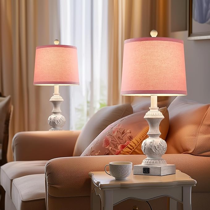 Set of 2 Pink Farmhouse Table Lamps 23.5" Vintage Nightstand Lamp with USB A+C Ports Antique Carved Floral Base & Pull Chain for Bedside, Living Room, Girls Bedroom, Dorm (Bulb Not Included)