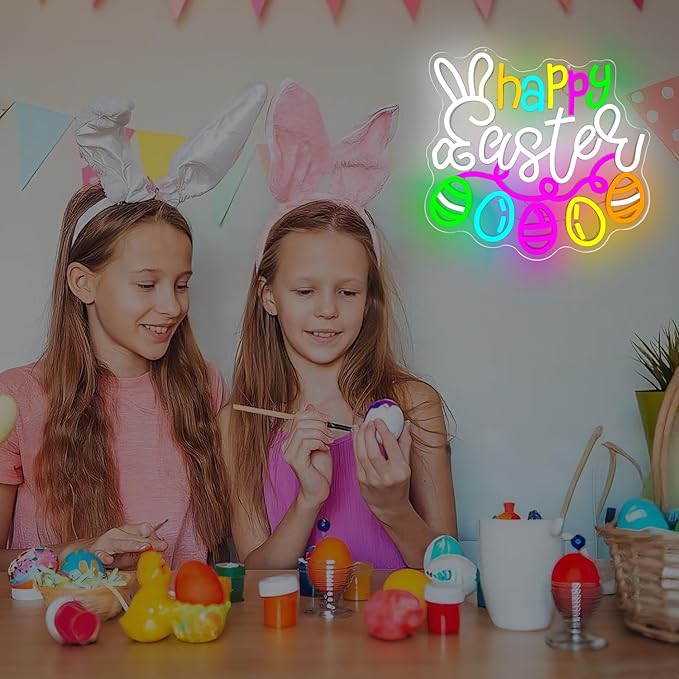 Happy Easter Neon Sign Dimmable Flashing Easter Eggs Led Sign Bunny Shape Spring Neon Light Multicolor Eggs Neon Window Lights for Party Home Decor