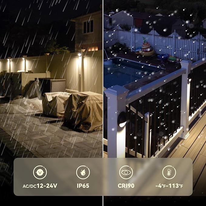 LEONLITE Update 5CCT LED Low Voltage Deck Lights, 180LM 3.74inch Landscape Step Railing Fence Light, 12-24V AC/DC, CRI90, Die-cast Aluminum Housing & Frosted Glass Lens, UL Cord, Black, Pack of 6