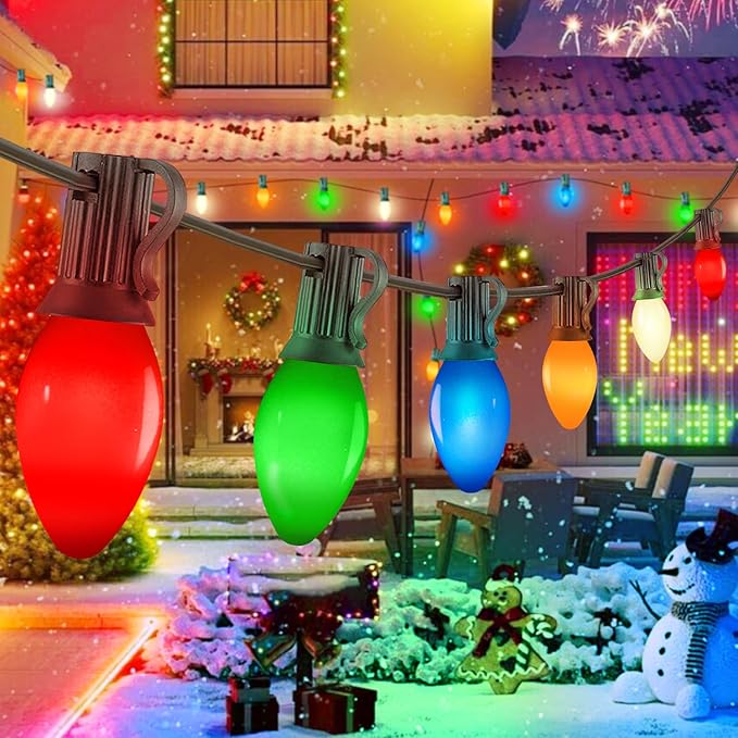 C7 LED Multicolor Christmas Lights Outdoor, 25Ft Vintage Christmas Lights String With 27 LED Ceramic Bulbs (2 Spare Bulbs), Hanging Light for Indoor Outdoor Xmas Tree Home Yard Party Decor, Green Wire
