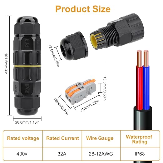 Linkstyle 10-Pack IP68 Waterproof 2 Pin Electrical Cable Connector, Outdoor 2 Way Junction Box 4-10mm Adjustable Wire Box, with Replaceable 1 in 2 Out Lever Wire Connectors for AWG 28-12