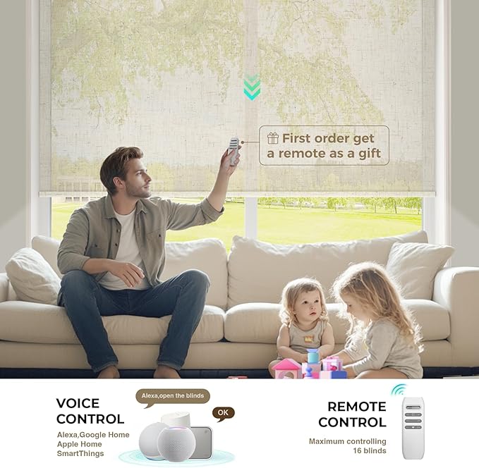 HeyBlinds Motorized Roller Shades, Smart Blinds for Windows, Remote Automatic Window Shades, Electric Shades, Light Filtering, Compatible with Alexa Google Apple Home (Nature-Linen LF)