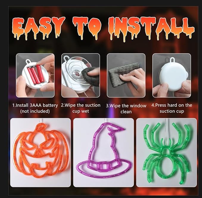 Joomer Halloween Battery Operated Window Lights, Orange Pumpkins, Purple Hats and Green Spider, Halloween Lights Decorations with Suction Cup and Timer Functions (Batteries not Included)