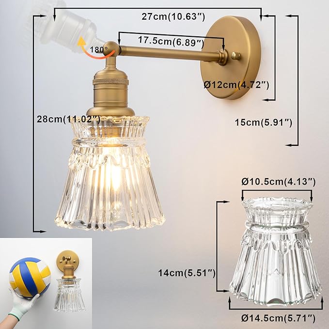 Yosoan 1-Light Vanity Indoor Wall Sconce, Brass Vintage Industrial Single Modern Light Hardwired Fixture Lamp with Petal Stripes Glass Shade for Bedroom Bathroom Kitchen Living Room Hallway(Antique)