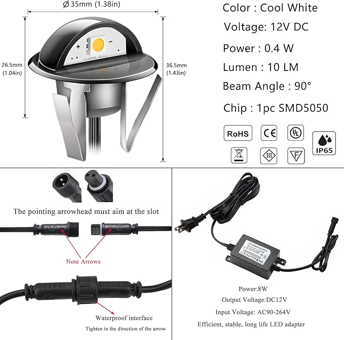 RNEHON 10 Pack LED Outdoor Deck Lights Kit, Cold White Φ1.38 Low Voltage 12V DC Step Stair Lights, IP65 Waterproof Recessed Landscape Lighting for Garden,Yard Steps,Stair,Patio,Floor