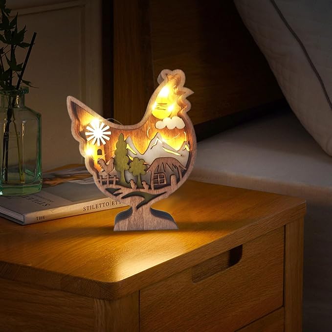 Drawelry 3D Wooden Animals Carving Home Decorative - Creative Wood Carved Lamp Farmhouse Wooden Animals Sculpture Ornaments Easter Birthday Gifts for Family Friend Son Dad (Chicken, with Light)