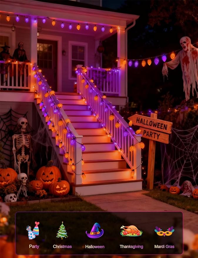 ITICdecor Christmas Decorative Solar Lights Outdoor Waterproof Orange Purple String Lights 31 Ft 50 LED Strawberry Solar Garden Lights Yard Camper Christmas Halloween Carnival Decoration
