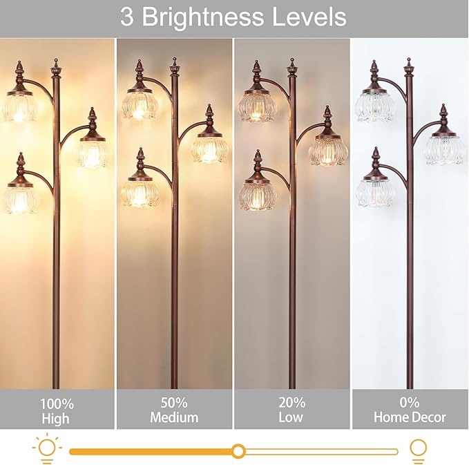 Brown Floor Lamps for Living Room Standing Lamp with 3 Brightness Lights Glass Shade 66.5in Flower Lamp for Bedroom Office Corner(3LED Bulbs Included)