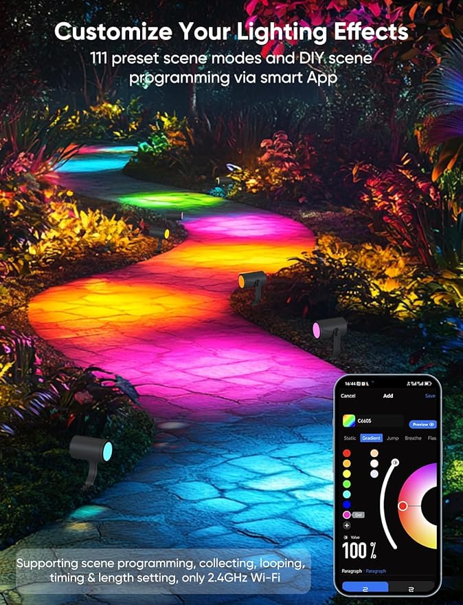 APPECK Smart Outdoor Spot Light 600lm, RGBCW+IC Color Changing Landscape Lights 2 Pack, IP65 Waterproof Low Voltage Landscape Lighting, App/Voice Control for Garden Pathway Yard Halloween Decor