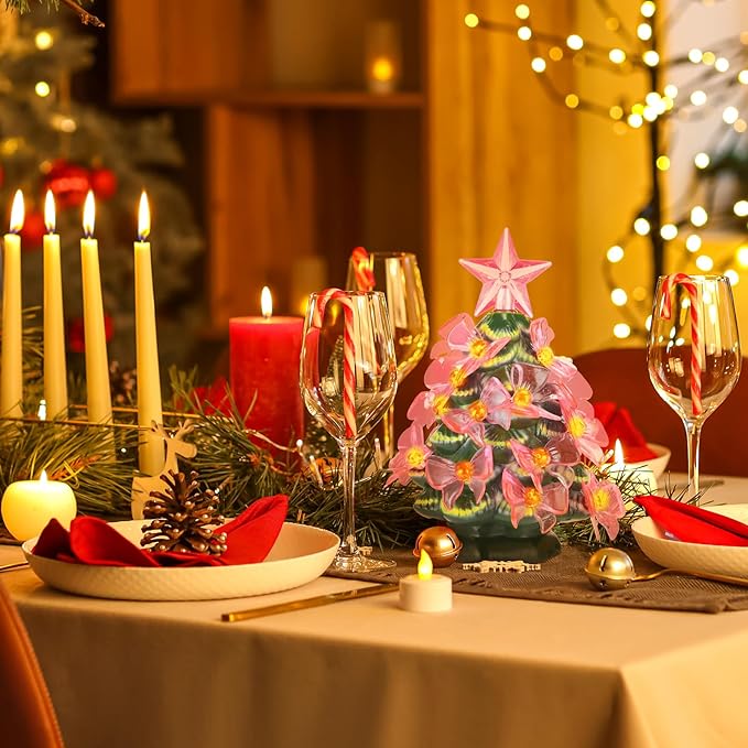Soulchen 200 Pcs Ceramic Christmas Tree Replacement Lights Bulbs Acrylic Pink Bow Light Pegs Ornaments for Christmas Tabletop Ceramic Tree Decoration