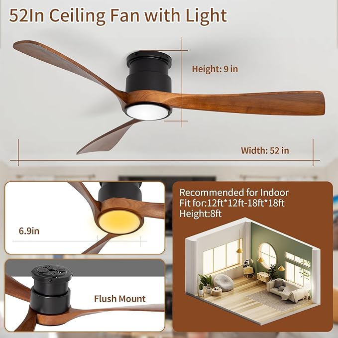 52inch Ceiling Fan with Lights,Flush Mount Wooden Ceiling Fans with Remote Control,Dimmable Light,3 CCT,6 Speeds,Noiseless DC Motor,Ceiling Fan for Bedroom,Living Room,Office,Indoor,Dark Brown