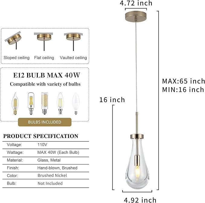 Brushed Nickel Pendant Light Fixtures, Teardrops Pendant Lights,Glass Pendant Lights Kitchen Island,1-Light Raindrop Pendant Lighting, for Kitchen Island,Dining Room,Bedroom, Bathroom