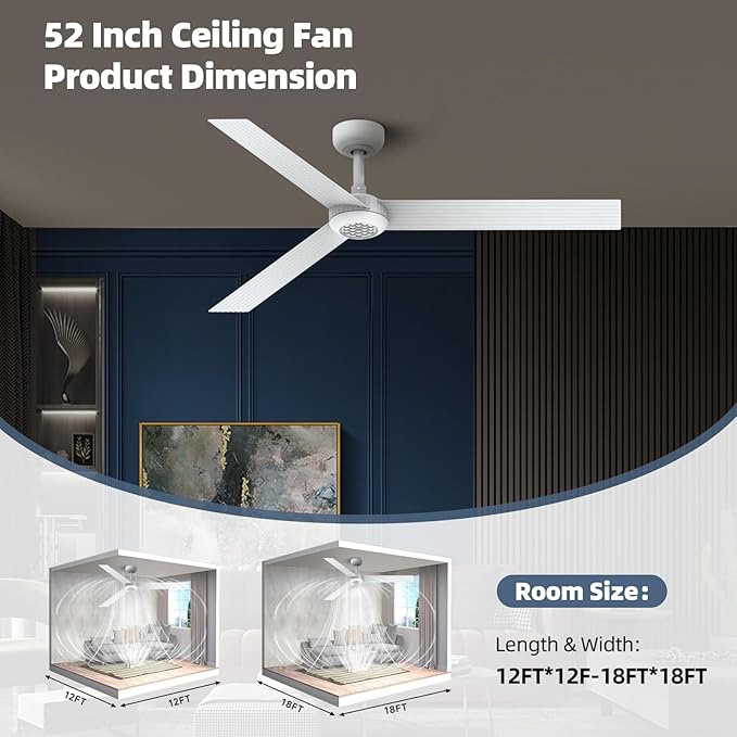 TALOYA 52 inch Modern Ceiling Fan with Lights,Remote Control,3 Metal Blades,White Finish,6-Speed,Dimmable, Noiseless Reversible DC Motor,Indoor/Outdoor Ceiling Fan for Living Room Bedroom patio