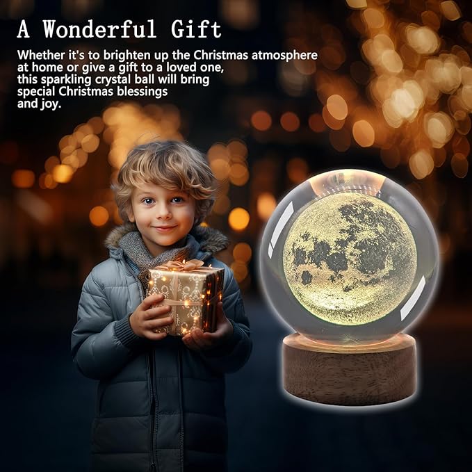 3D Moon Crystal Ball Night Light & Planet Lamp - 2.36" Glass Sphere, Automatic Color Change with 16 Colors & 4 Modes - Ideal Decorative Gift for Boy Girls Friends (3-Moon, 2.36" (Inch))