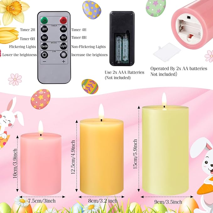 3 Pcs Easter Flameless Candles Battery Operated LED Flickering Pillar Candles with Remote Real Wax Pastel Spring Table Decor for Easter Party Wedding Table Centerpiece Home Decorations