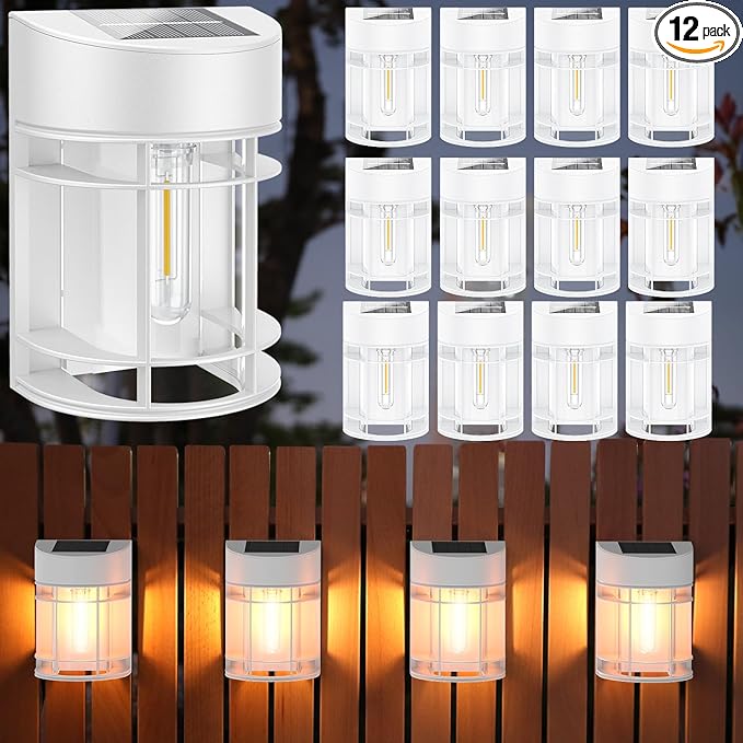 Solar Fence Lights, 12 Pack Waterproof Solar Lights Outdoor, 3000K Warm White LED Outdoor Solar Lights for Fence Garden Yard Step Stairs Patio Décor