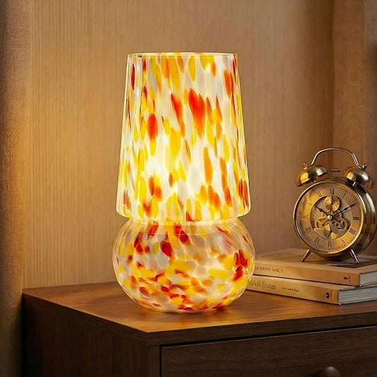9.8 Inch Mushroom Table Lamp, UL Listed Dimmable Small Desk & Bedside Lamp with Woven Beige Cord, Handcrafted Pattern, Murano Home Decor for Bedroom, Living Room, Entryway (Pastel Confetti)